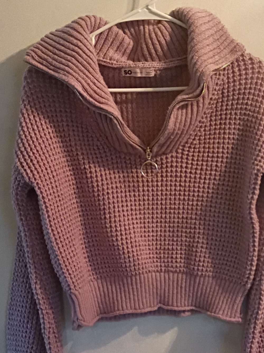 SO Mauve Pink Half-Zip Waffle Knit Funnel Collar Sweater